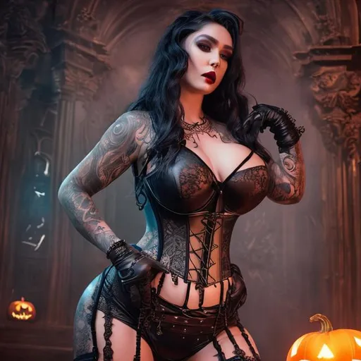 Prompt: very Beautiful Tattooed goddess with a very enormous chest and wide hips wearing a very revealing sheer leather and lace corset, bewitching a man under her spell, cinematic, realistic, 64k, life-like, 3D, UHD, sharp, Halloween theme, full body image, vivid color, perfect processing,  



