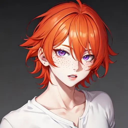 Prompt: Erikku male (short ginger hair, freckles, right eye blue left eye purple) UHD, 8K, Highly detailed, insane detail, best quality, high quality, casual outfit. full body