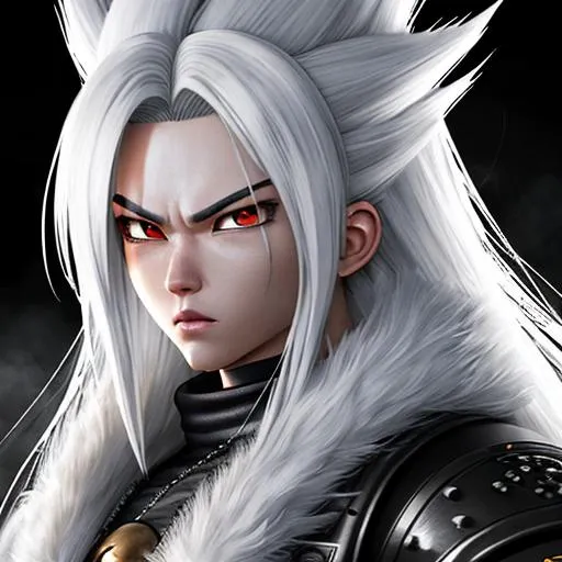 Prompt: Ultra Realistic Portrait Dragon Ball GT, Super Sayin 4 character with glowing white long hair and fur 3D Anime style, detailed face, full body, strong, dark but cool and edgy fighting an enemy in the air shooting a kia blast in a futuristic city with high detail rendered in Unreal Engine 5 highly detailed Sumi-e ink art style by Shesshu Shubun