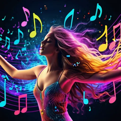 Prompt: 3D render of a woman with long flowing hair made of cascading musical notes, each note releasing a burst of vibrant color. Around her, ethereal particles of neon hues move, capturing the essence of a musical symphony in a visual spectacle.