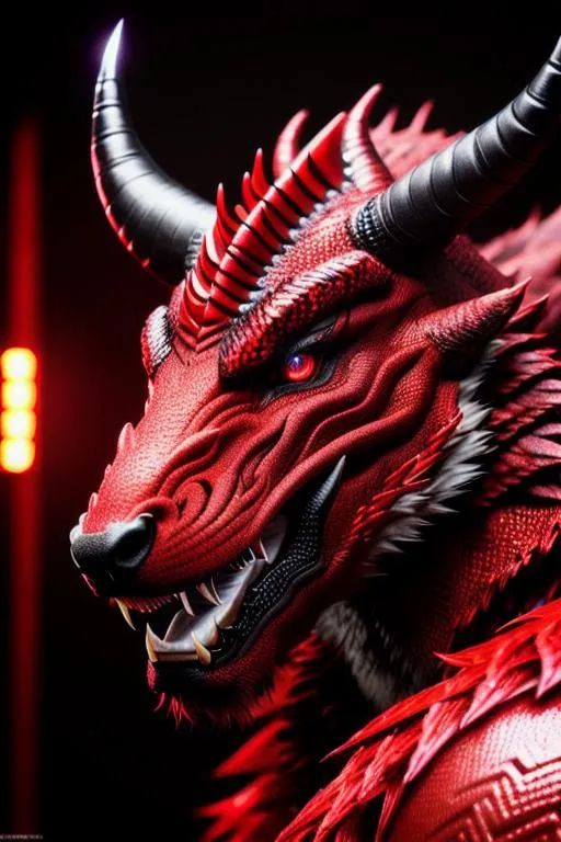 Prompt: Photorealistic Red Dragon, Red Skin and eyes, Black markings on his face, Black horns with red tips,  Intricately Detailed, Hyper Detailed, Hyper Realistic, Volumetric Lighting, Beautiful coloring and face detail