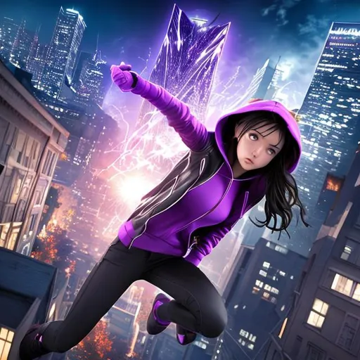 Prompt: 4k high resolution cgi anime dark, full body display, Marvels kate bishop alone, purple hoodie, jumping off building