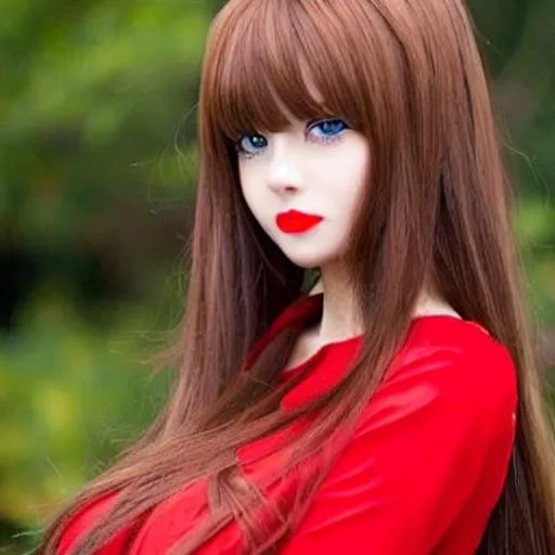 Prompt: anime girl with a red dress,Blue eyes, brown hair long, big but ,hot face with red lipstick. 