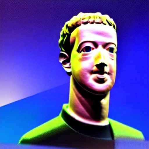 Prompt: A sculpture of Mark Zuckerberg made out of recycled Facebook data, magic, tron, Johnny mnemonic, vaporwave, glitch art