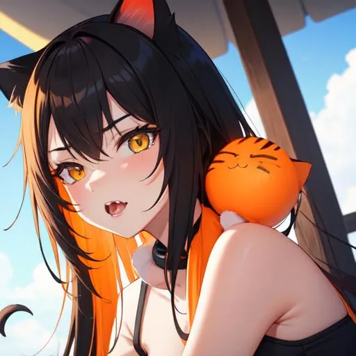 Prompt: Cat girl biting an orange