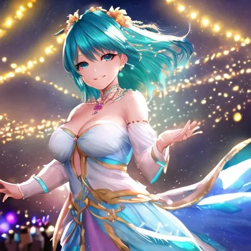 Prompt: A beautiful waifu with teal hair smiling at a festival, fairy lights, cinematic lighting