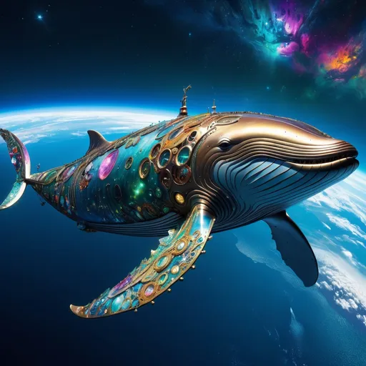 Prompt: Intricate illuminated sparkling metal whale swims in space, breathtaking borderland fantasycore artwork by Android Jones, Jean Baptiste monge, Alberto Seveso, Erin Hanson, Jeremy Mann. maximalist highly detailed and intricate professional_photography, a masterpiece, 8k resolution concept art, Artstation, triadic colors, Unreal Engine 5, cgsociety