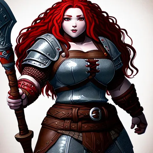 Prompt: Splash art of a very short female dwarven holy warrior with long red hair with small braids, with a plain face and button noise, with a muscular body and prominent hips, with very broad shoulders, with a very tall wooden stalve with a large curved axe head, wearing steel heavy chainmail armor over white linen, wearing a leather belt, wearing large leather boots, in an underground dwarven temple