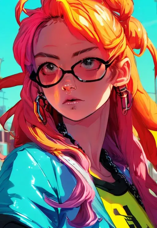 Prompt: a close up of a person with a chain around their neck, (((neon palette))), tsuaii, 80s hair, by Sophia Beale, wearing jacket, trending on artstaton, skydoll noa, by Cicely Hey, multi colored, trending on artstatio, by Melissa Benson, punk, portrait drawing