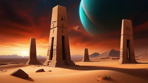 Prompt: ancient ruins in foreground, darkest night, nightmare, carved alien symbols on stone pylons, alien squat stone bunkers with sloping walls, futuristic babylonian architecture, megalithic architecture, no trees, no bushes, no grass, no leafy vegetation, rocky desert alien planet setting, rocky mountainous region, in the style of frank herbert's dune, night sky with giant blue-green planet hidden by red clouds, dust haze, highly detailed, photo-realistic, hyper-real