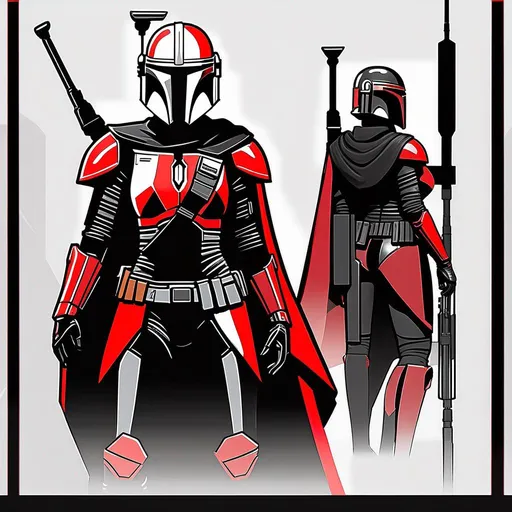 Prompt: black/red female mandalorian, skinny, rectangular figure, concept art, black armour, red detailing, angular, antenna, cape, accurate, non-eggagerated features.