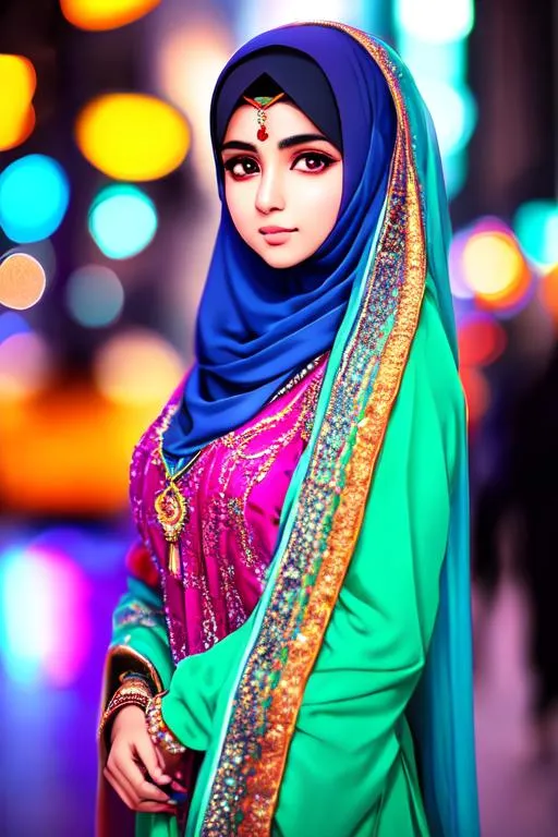 Prompt:  anime style, vivid colors, HDR, photo of an 
Muslim Pakistani  17 year old woman in hijab posing, detailed face, detailed skin, on the Street, night, neon light, dark, cinematic, depth of field, low iso,smooth light