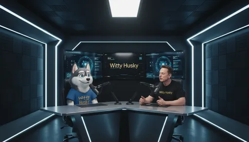 Prompt: @NgrLDG9hvoVilNY92lEh @sE34eUWZzTdhreAU84t9 are engaged in a conversation in a a futuristic podcast interview set in a spacious, high-tech studio. At the center of the room, @NgrLDG9hvoVilNY92lEh  host sits confidently behind a modern podcast desk, wearing a minimalist blue t-shirt with gold subtle text reading “Witty Husky” The Husky has expressive blue eyes, realistic fur texture, calm intelligence, and a slightly humorous, thoughtful demeanor.Seated across from the @NgrLDG9hvoVilNY92lEh  is @sE34eUWZzTdhreAU84t9, portrayed realistically and respectfully, wearing a black shirt with gold subtle text reading “Witty Husky”, relaxed posture, engaged expression, leaning slightly forward as if mid-conversation. Both hosts are speaking into professional broadcast microphones mounted on articulated boom arms.The room is large, symmetrical, and futuristic, inspired by advanced AI labs and premium podcast studios:•	Acoustic wall panels with geometric patterns•	Soft blue and cool white LED lighting strips embedded in the walls and ceiling•	Large digital screens behind them displaying abstract UI graphics and the text “Witty Husky” in a gold sleek, futuristic font•	Matte black and brushed metal surfaces, minimal clutterCamera angle is a wide cinematic shot, slightly elevated, showing the full studio depth, similar to a TED-style or premium podcast broadcast.Depth of field is shallow, with sharp focus on @NgrLDG9hvoVilNY92lEh and @sE34eUWZzTdhreAU84t9 , background softly blurred.Lighting is cinematic and dramatic but clean:•	Key light illuminating faces naturally•	Ambient blue light enhancing the futuristic moodStyle:Ultra-realistic, cinematic, Pixar-level character rendering blended with photorealistic humans, high production value, professional podcast aesthetic, sharp details, global illumination, ray-traced lighting, 4K quality.Mood:Intelligent, calm, slightly playful, visionary, thoughtful conversation about technology, philosophy, and the future of humanity.