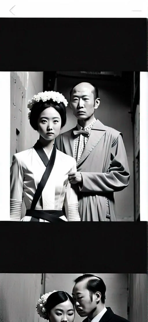 Prompt: A captivating image emerges: An Asian couple is donning a unique fusion of Eastern and Western attire. They are wearing long neckties that add a touch of formality, while overcoat robes makes their outfits look similar to business suits. They radiate strength, resembling terra cotta warriors wearing neckties. The scene is set amidst the backdrop of a warehouse and/or hangar, evoking a realistic and picturesque landscape. The outfits mix Hanfu with neckties and other fashion styles. The photograph captures the essence of this intriguing blend, inviting viewers to delve deeper into the fusion of cultures.