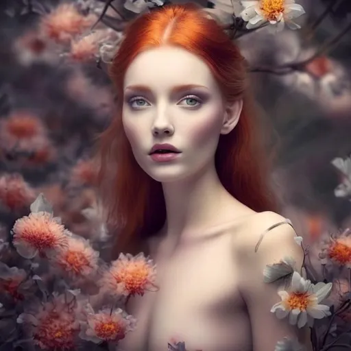 Prompt: Ethereal Woman Beautiful Flowers Goddess red head