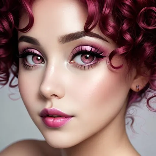 Prompt: woman with big  eyes and carmine lips, curly pink hair,dark pink lips, pink cheeks