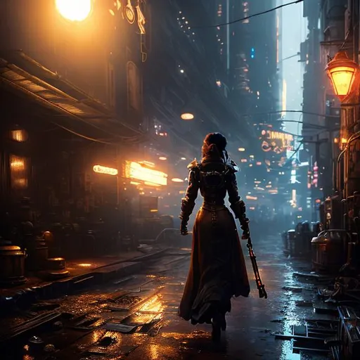 Prompt: steampunk female in a studio, dramatic lighting, cinematic composition, by Craig Mullins and Ridley Scott, trending on artstation, ultra high detail, hyper realistic, realistic concept art. sense of awe and scale, in the art style of Filip Hodas, a grimdark dystopian cyberpunk post-apocalyptic style, --ar 16:8