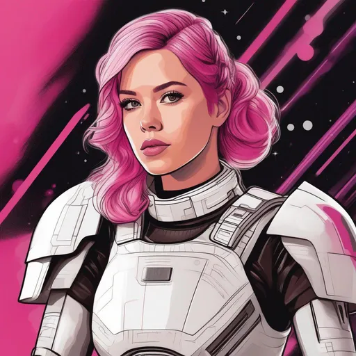 Prompt: illustration of a star wars character based on scarlett johannson, but with pink hair, and in white armor