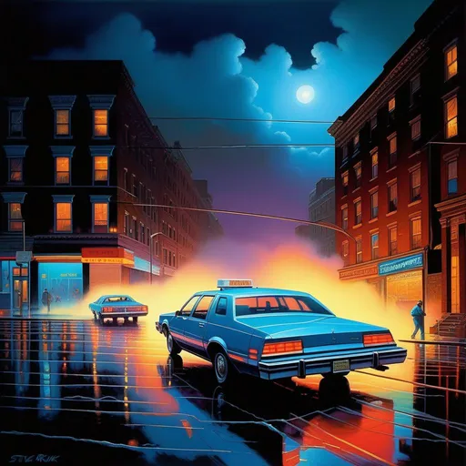 Prompt: 1980s, Bronx at night, neon, car chase, rain, fog, cold blue atmosphere, cartoony style, extremely detailed painting by Greg Rutkowski and by Henry Justice Ford and by Steve Henderson