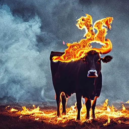 Prompt: a cow being lit of fire