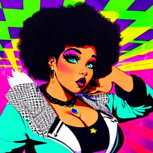 Prompt: Retro punk rock plus size black girl natural hair 70's vibe trippy comic style pop art goth punk fashion confident 
