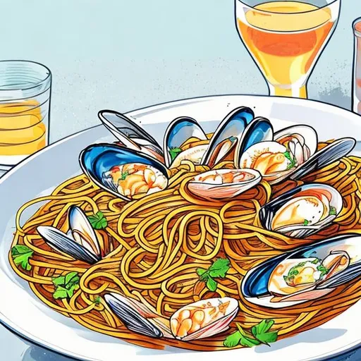 Prompt: Illustration of seafood spaghetti 