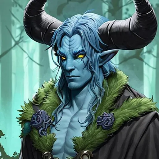 Prompt: forest druid, tiefling, male, strong, blue skin, large majestic horns, hellboy style
