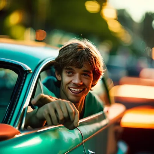 Prompt: Photo of real life Shaggy Rogers, cinematic lighting, peeking from a car's window, vibrant colors, bokeh, movie poster style