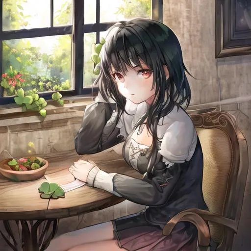 Prompt: 1 girl,Black hair,sitting at the table,look at the window,four-leaf clover in hand 