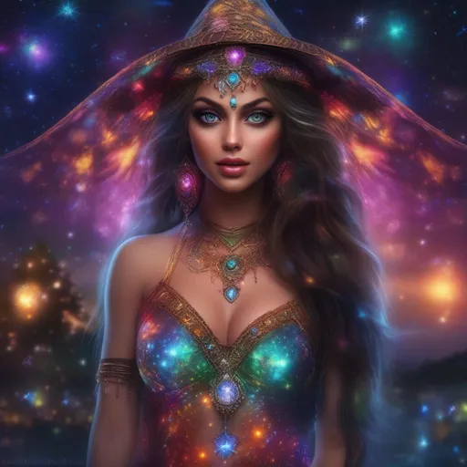 Prompt: A complete body form of a stunningly beautiful, hyper realistic, buxom woman with incredible bright eyes wearing a colorful, sparkling, dangling, glowing, skimpy, boho, flowing, sheer, fairy, witches outfit on a breathtaking night with stars and colors with glowing, detailed sprites flying about