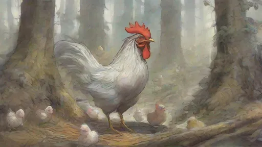 Prompt: a painting of a happy chicken running in the forest with baby chickens, raining, by anato finnstark. front view, simple watercolor, thomas kinkade, post-apocalyptic, stained, saturated watercolor, high composition, by tithi luadthong, 240p, {disney construction}, art by frank frazetta