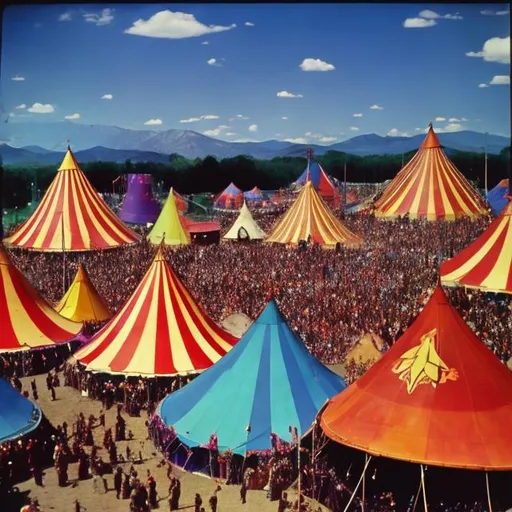 Prompt: Grateful Dead fair. people dancing circus tents. jerry garcia. lsd
