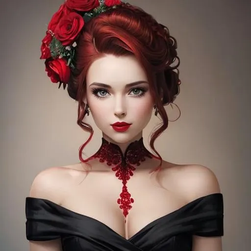 Prompt: Beautiful woman portrait wearing red,elaborate updo hairstyle adorned with flowers