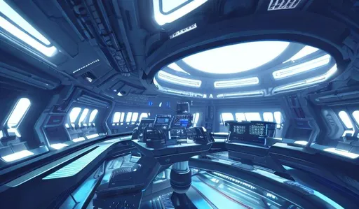Prompt:  futuristic space station sci-fi bridge, lights and windows