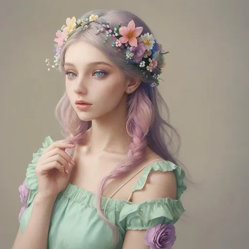 Prompt: Beautiful creation, woman with flowers in her hair, pastel colors