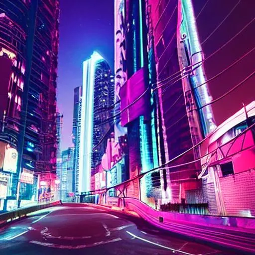 Prompt: Cyberpunk, a staight road whose end can't be seen, high building around the road whose roof can not be seen, night time, street lights, matte pink and purple, 