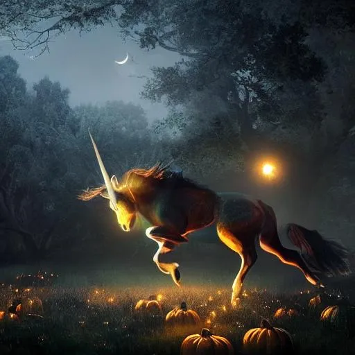 Prompt: Shadowy black unicorn, featuring fireflies, pumpkins, gnarled trees and a large supermoon, nightmare, volumetric lighting, 8 k octane beautifully detailed render, post - processing, extremely hyper - detailed, intricate, epic composition, cinematic lighting, masterpiece, trending on artstation, painterly, intricate, detailed, volumetric lighting, masterpiece, stunning art by anders zorn, wonderful masterpiece by greg rutkowski, beautiful cinematic light,