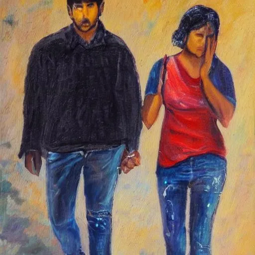 Prompt: An oil painting of  young Mexican husband and young mexican wife who both have trauma. They are walking away from each other crying. 