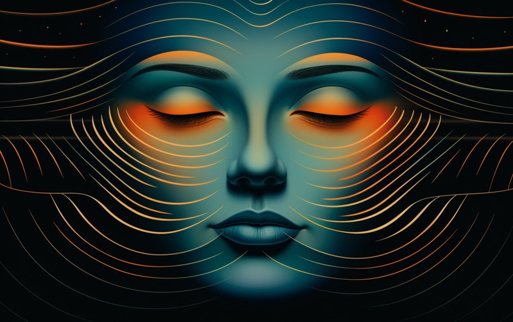 Prompt: a colorful face in space with a face shape, in the style of op art optical illusion, dark teal and light orange, layered lines, sunrays shine upon it, use of vintage imagery, flowing lines, mind-bending sculptures