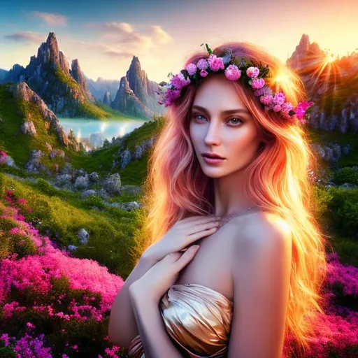 Prompt: HD 4k 3D 8k professional modeling photo hyper realistic beautiful woman ethereal greek goddess of fertility, motherhood, and mountain wilderness
pink hair brown eyes gorgeous face tan skin green shimmering dress jewelry and ivy crown full body pregnant mother surrounded by magical glowing light hd landscape background mountain wilderness lush vegetation plants trees