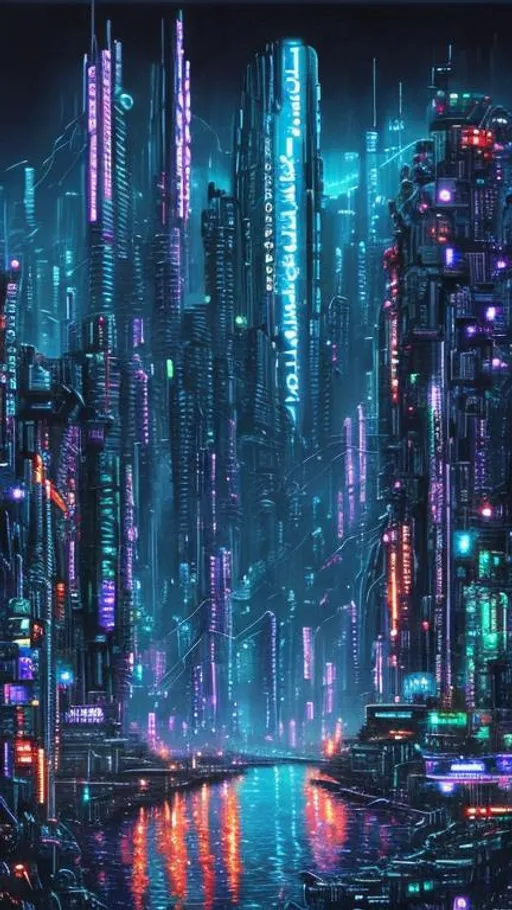 Prompt: Bob Ross painting of Cyberpunk city at night