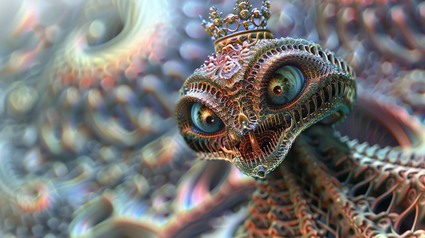 Prompt: alien wearing a crown emerge from the fractal floor