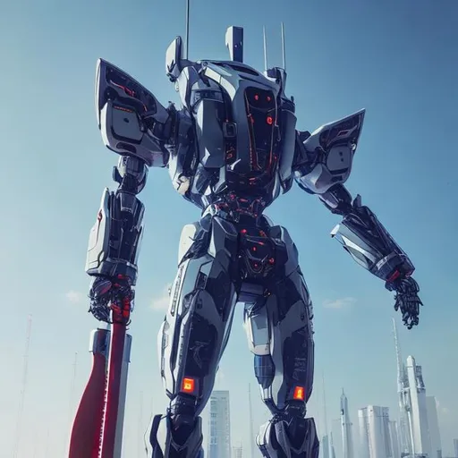 Prompt: A giant humanoid robot with a big katana on it's back standing on a tall futuristic building