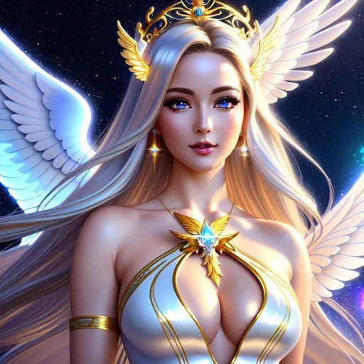 Prompt: A hyper realistic detailed full body image of a flying feminine ((sexy woman)) who has ((sparkling white in eyes)), ((magic angel white in hair)) with ((sexy outfit)) with a plunging neckline, angel wings, golden halo, balayage wild hair, fairy dust, shy cute posture and face expression, highly detailed, digital painting, Trending on artstation, HD quality, ((huge ass)), ((sexy))
