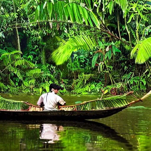 Prompt: Amazon forest with river some beautiful birds, animals, rears tree and a man on boat or a good place sun
