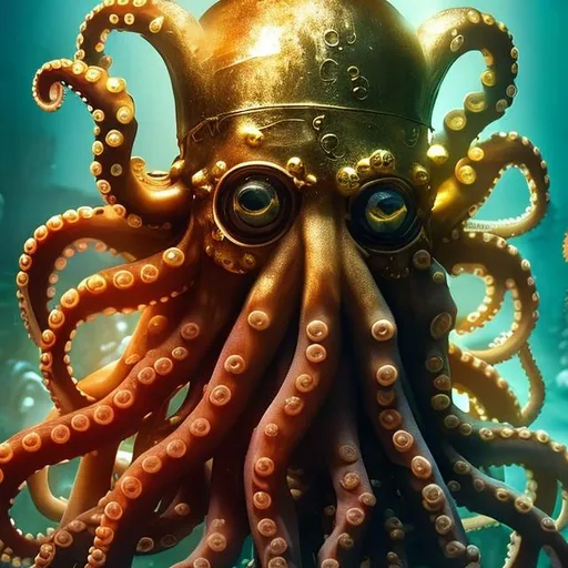 Prompt: A man with octopus head look like Davy Jones with gold crown