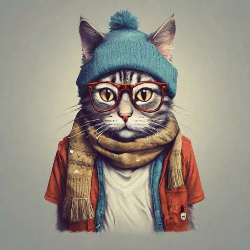 Prompt: t-shirt design, a cat wearing a hat, scarf, and glasses, computer graphics by Sam Spratt, behance contest winner, computer art, behance hd, stylish, handsome