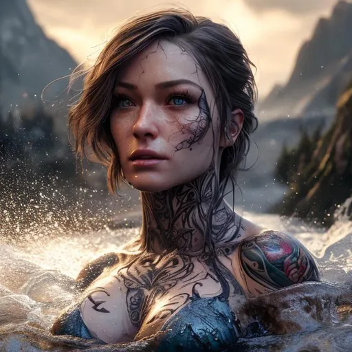 Prompt: (extremely detailed) (hyper realistic) (sharp detailed) (cinematic shot) (masterpiece)woman pose into the river, centered,extremely fullbody detailed, extremely face detailed, tattooed body, fullbody view, extraordinary shot,mountains,modeling poses, clouds, stunning beauty, 3D illustration, high resolution, reflactions.