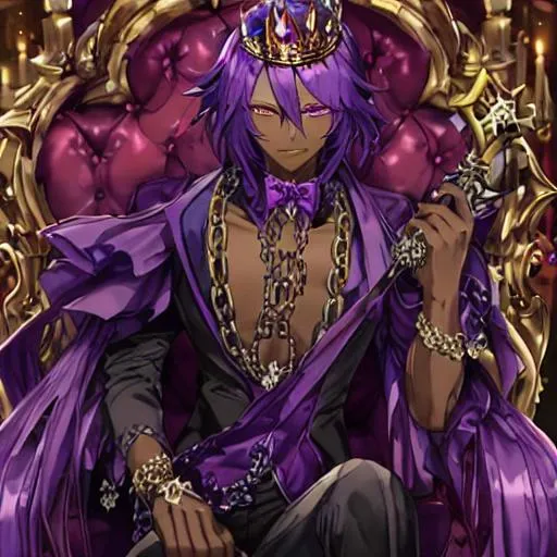 Prompt: Purple hair, darkskin guy, demon, crown, sitting on a throne