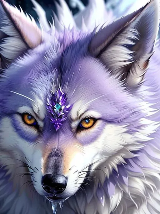 Prompt: (masterpiece, professional oil painting, epic digital art, best quality, unreal engine, UHD:1.5), epic ((wolf)), ice elemental, silky silver-lilac fur covered in frost, extreme close up, close up, extremely detailed, timid, ((insanely detailed alert amethyst eyes, sharp focus eyes)), gorgeous 8k eyes, fluffy silver neck ruff covered in frost, two tails, (plump), extremely beautiful, fluffy chest, enchanted, magical, magic blue fur highlights, finely detailed fur, hyper detailed fur, (soft silky insanely detailed fur), presenting magical jewel, moonlight beaming, starry sky, frolicking in frosted meadow, grassy field covered in frost, cool colors, professional, symmetric, golden ratio, unreal engine, depth, volumetric lighting, rich oil medium, (brilliant auroras), (ice storm), full body focus, beautifully detailed background, cinematic, 64K, UHD, intricate detail, high quality, high detail, masterpiece, intricate facial detail, high quality, detailed face, intricate quality, intricate eye detail, highly detailed, high resolution scan, intricate detailed, highly detailed face, very detailed, high resolution